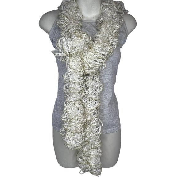 Vintage Cream and Gold Handmade Scarf Descending Scallops Crochet 80 in - Picture 4 of 5